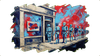 Help Wanted sign on shop window with humanoid robots lined up outside waiting for job interviews