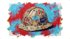 Weathered mining hardhat covered in various company stickers and logos