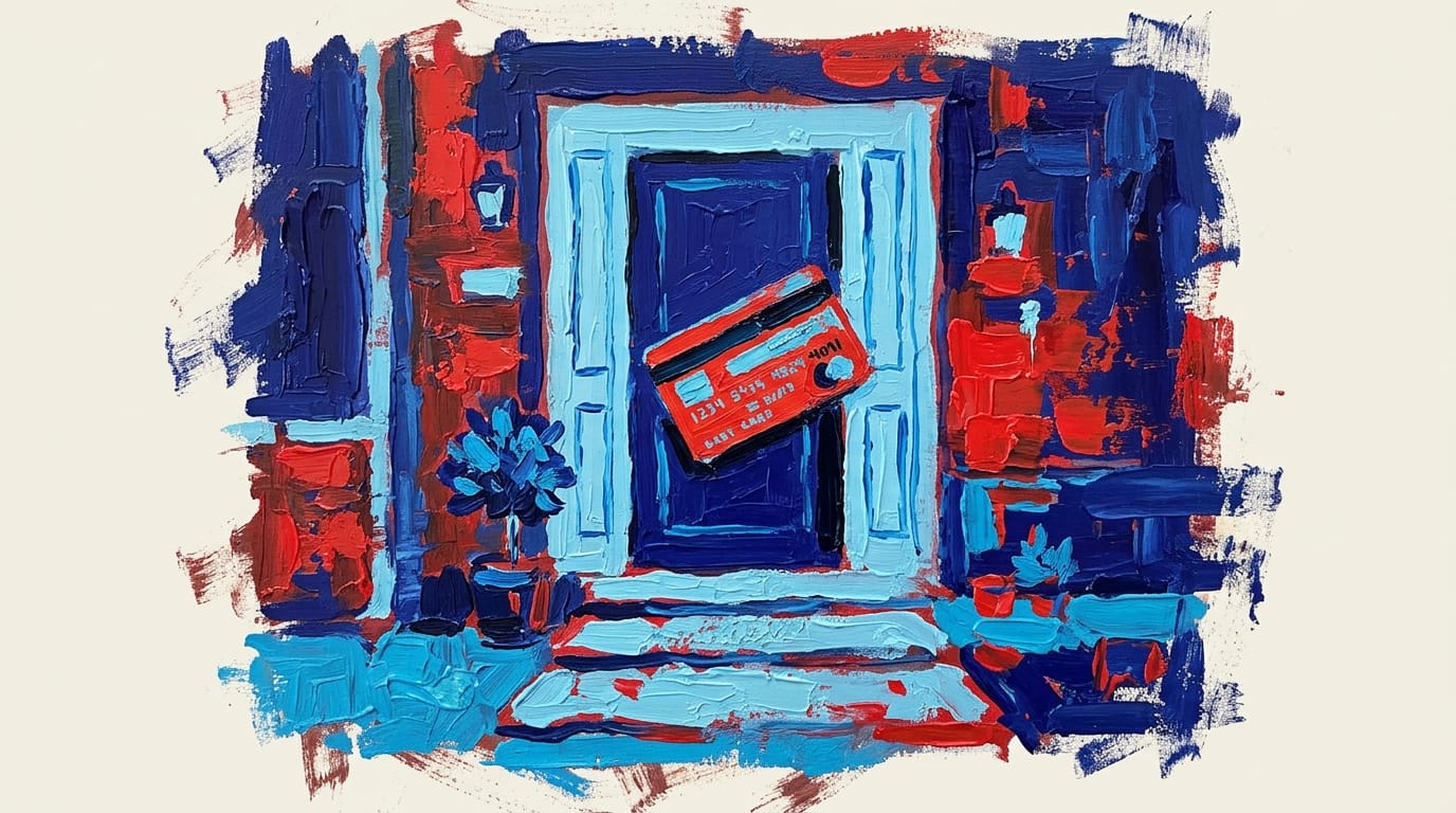 House front door with a large credit card as the door handle instead of a traditional knob.