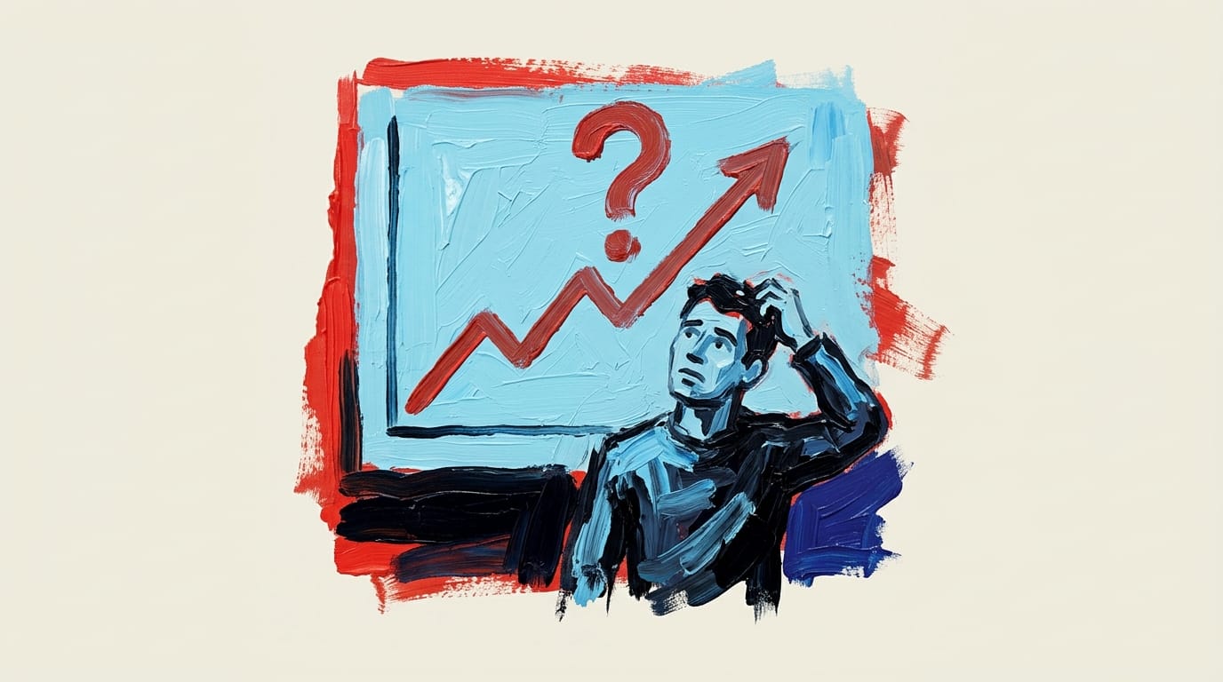 Person scratching head while looking at upward trending chart with question mark above it