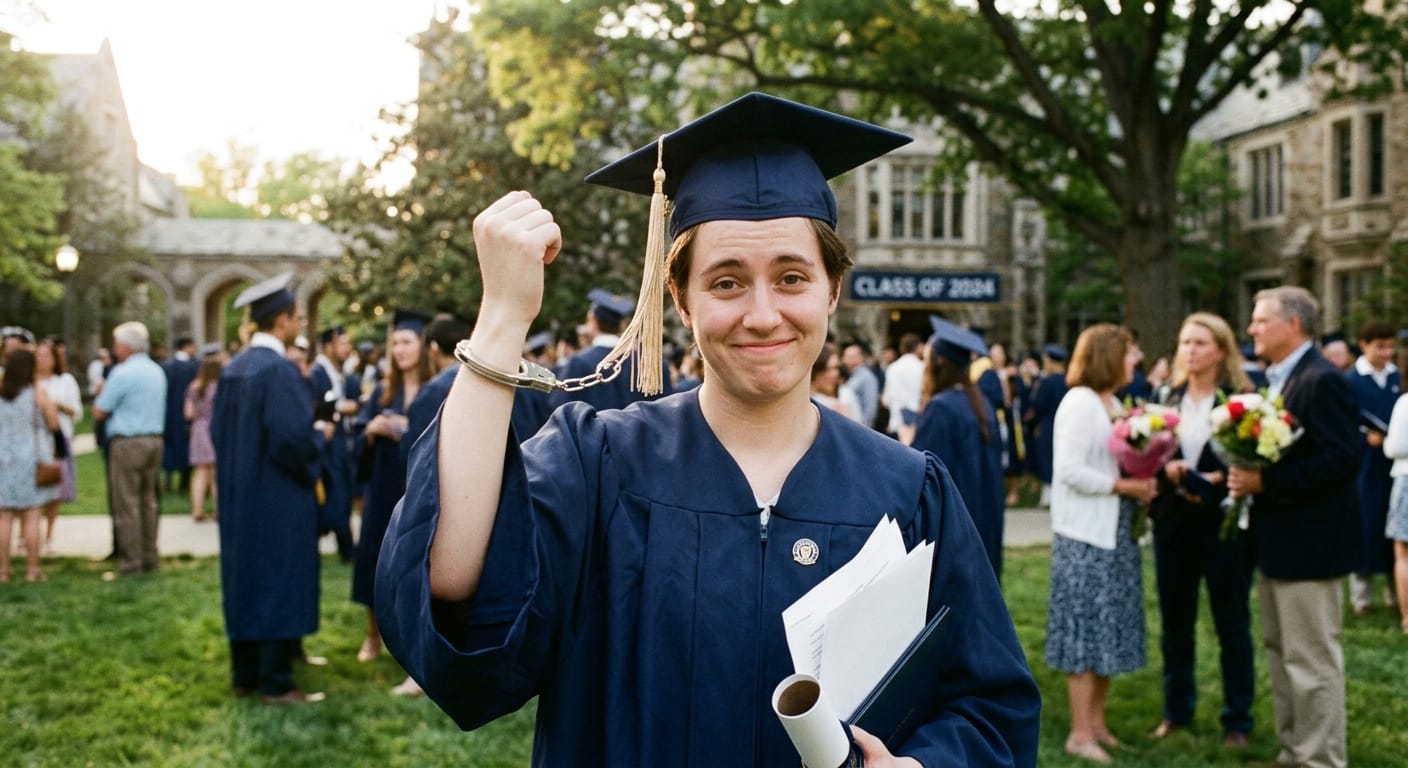 Graduate wearing cap while handcuffed to it, symbolizing student debt burden