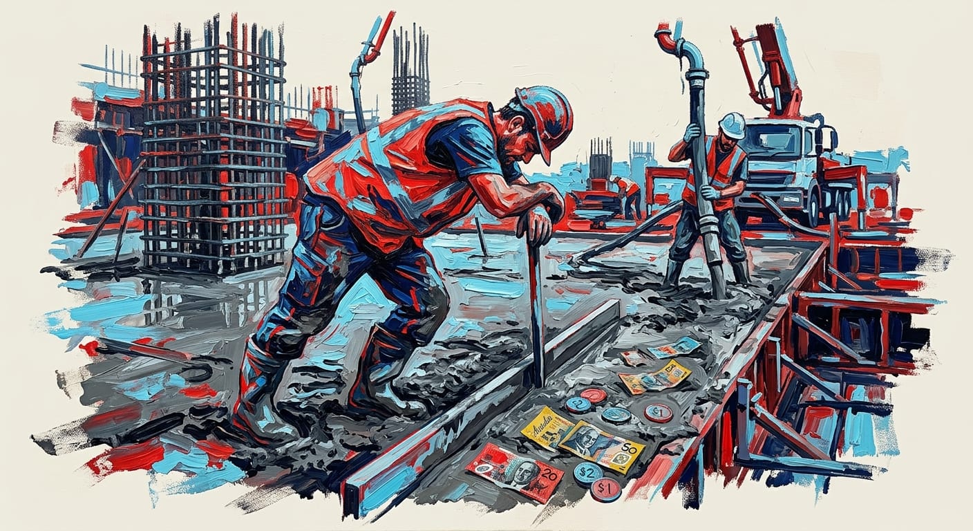 Tired construction worker pouring concrete on a large building project site