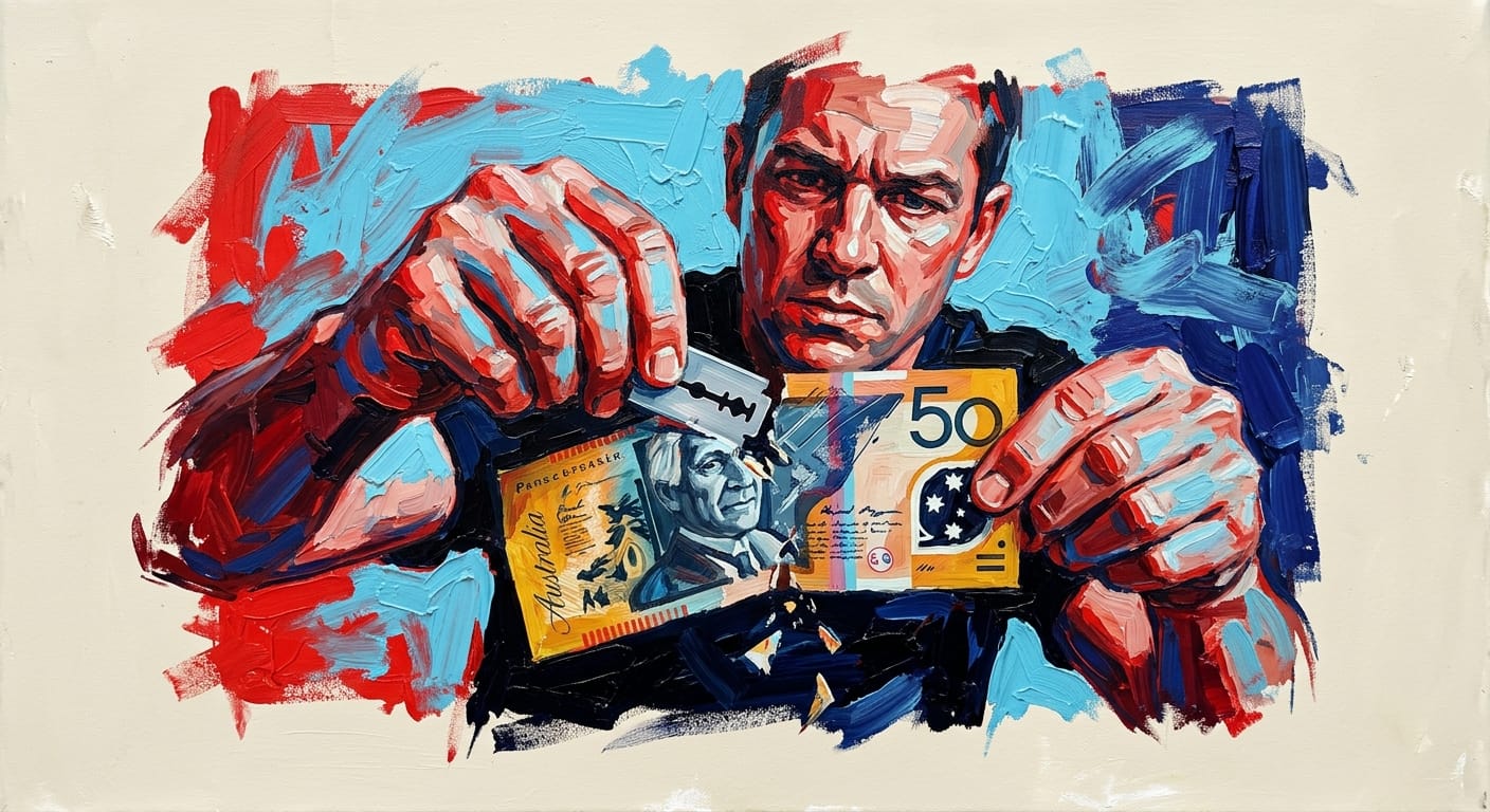 Person holding a $50 bill in one hand and razor blade in the other, cutting a large chunk from the money.