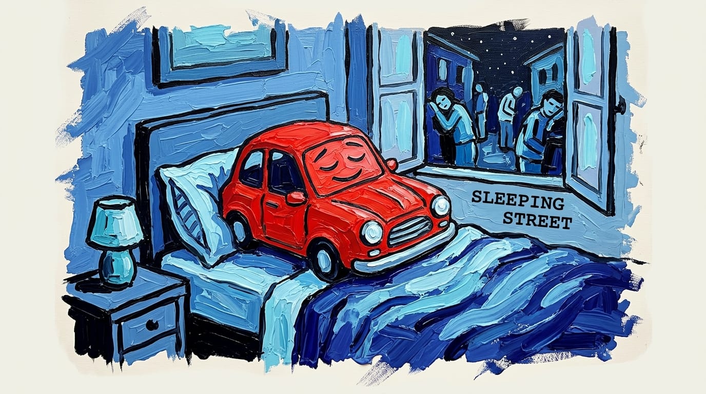 Cartoon car sleeping in bed while people stand sleepily on street outside window
