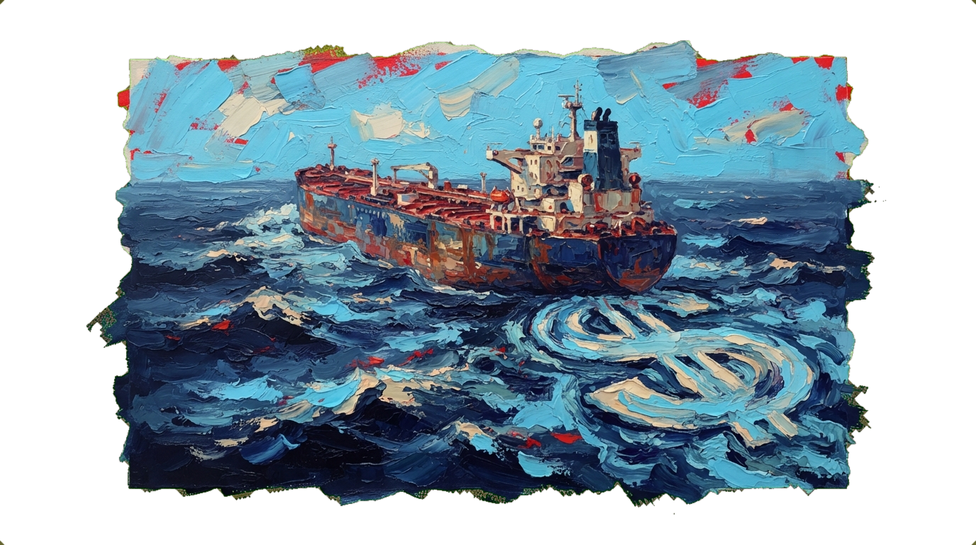 Oil tanker on ocean with wake forming dollar sign shape