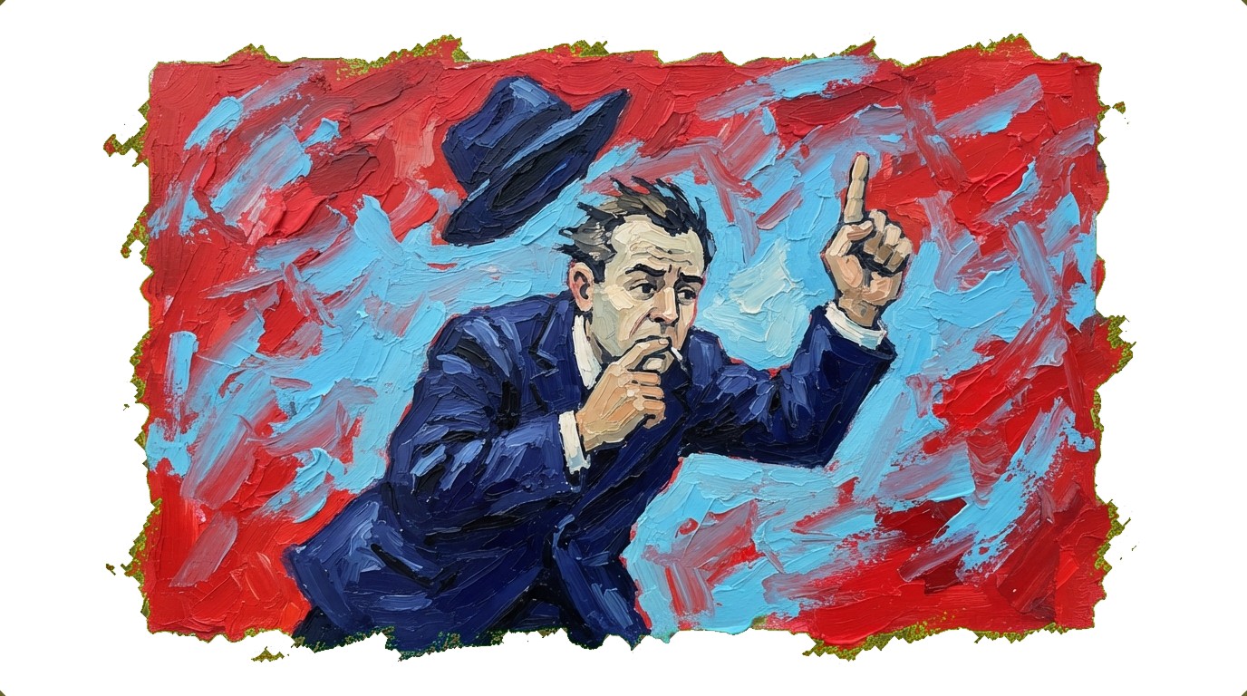 Man in business suit standing in strong wind with hat blowing off, finger in mouth while checking wind direction.