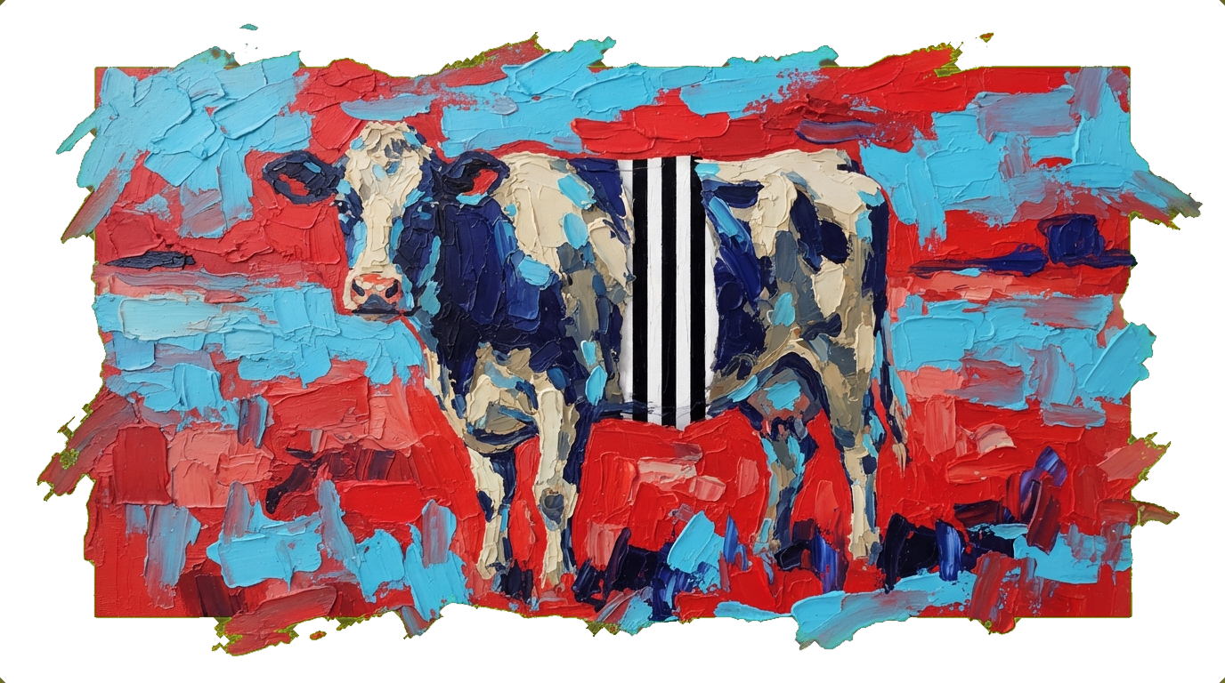 Cow standing in pasture with a striped black and white section marked as off limits, representing a 15 percent portion.