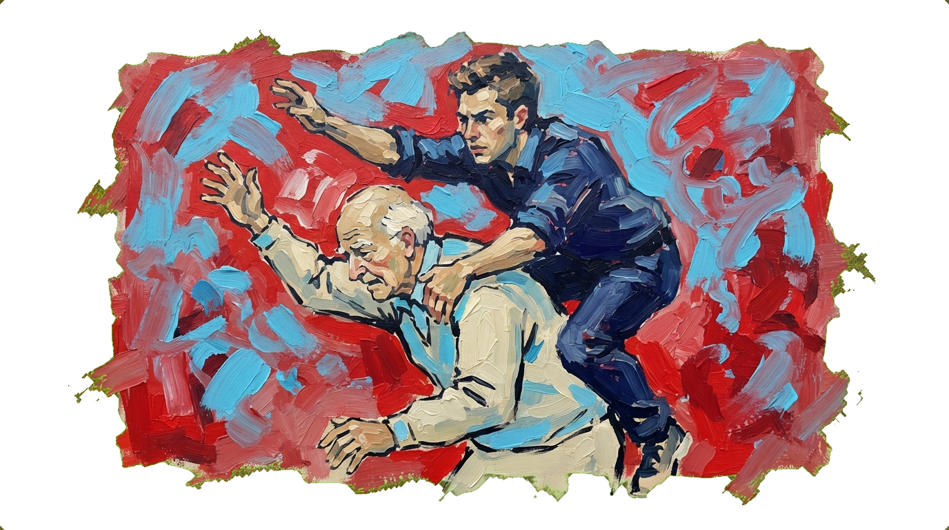 Young man climbing over older man while both compete for auctioneer's attention