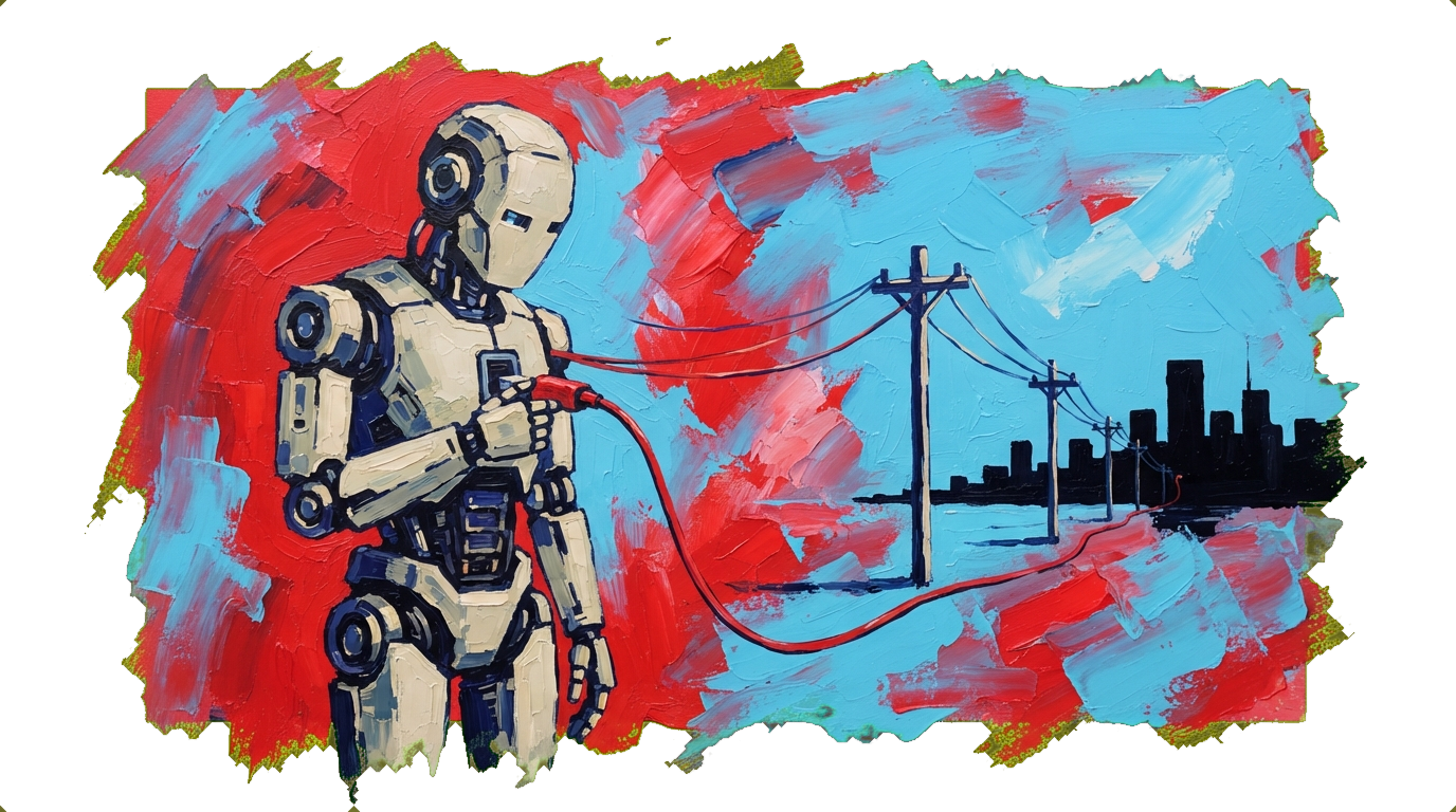 Robot plugging charging cable into itself while city silhouette sits dark without power in background