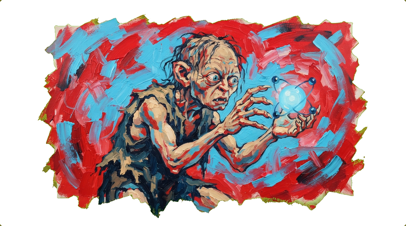 Politician desperately reaching toward a hydrogen molecule, styled like Gollum grasping for the ring