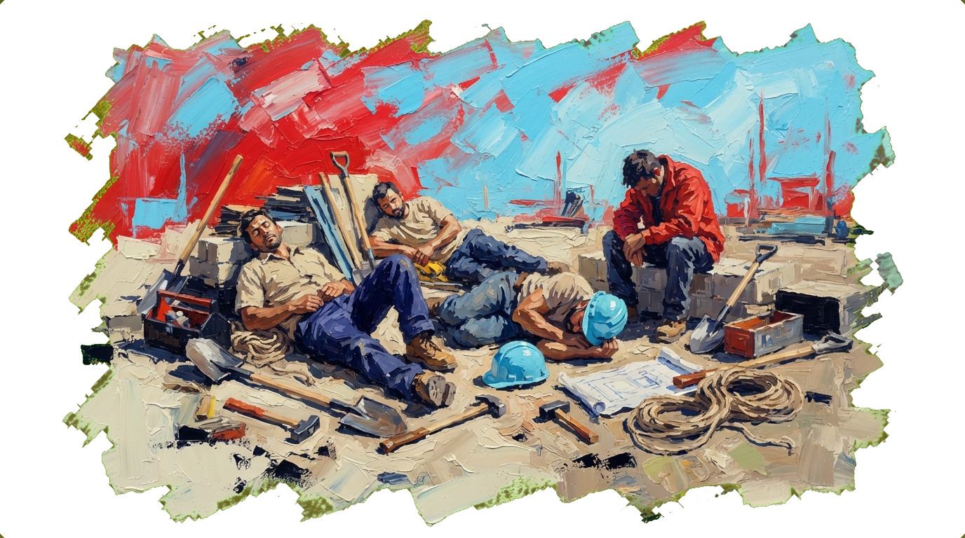 Builders with tools resting on an empty construction site, waiting to begin work.