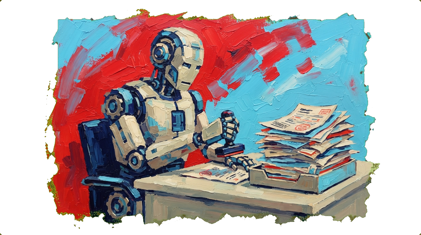 Robot sitting at desk stamping documents with pile of stamped files in out tray