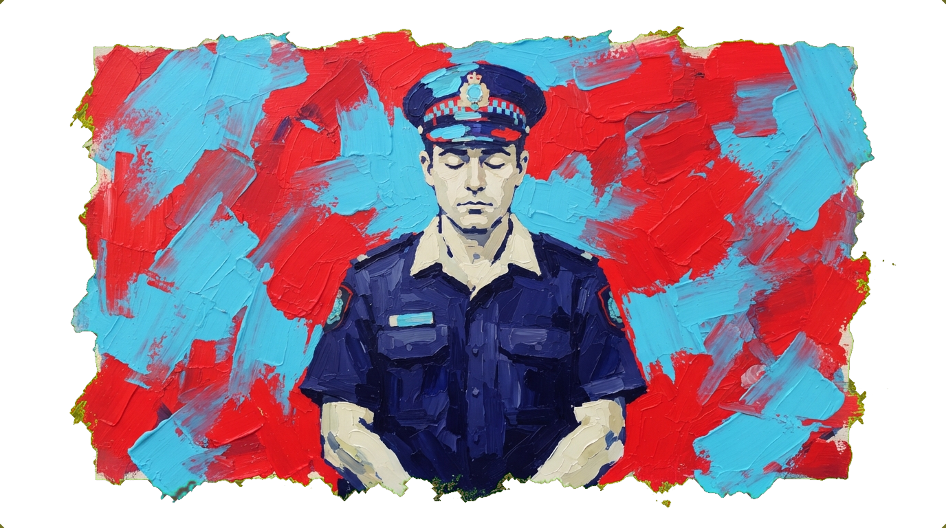 Australian police officer with eyes closed, standing outdoors in uniform.