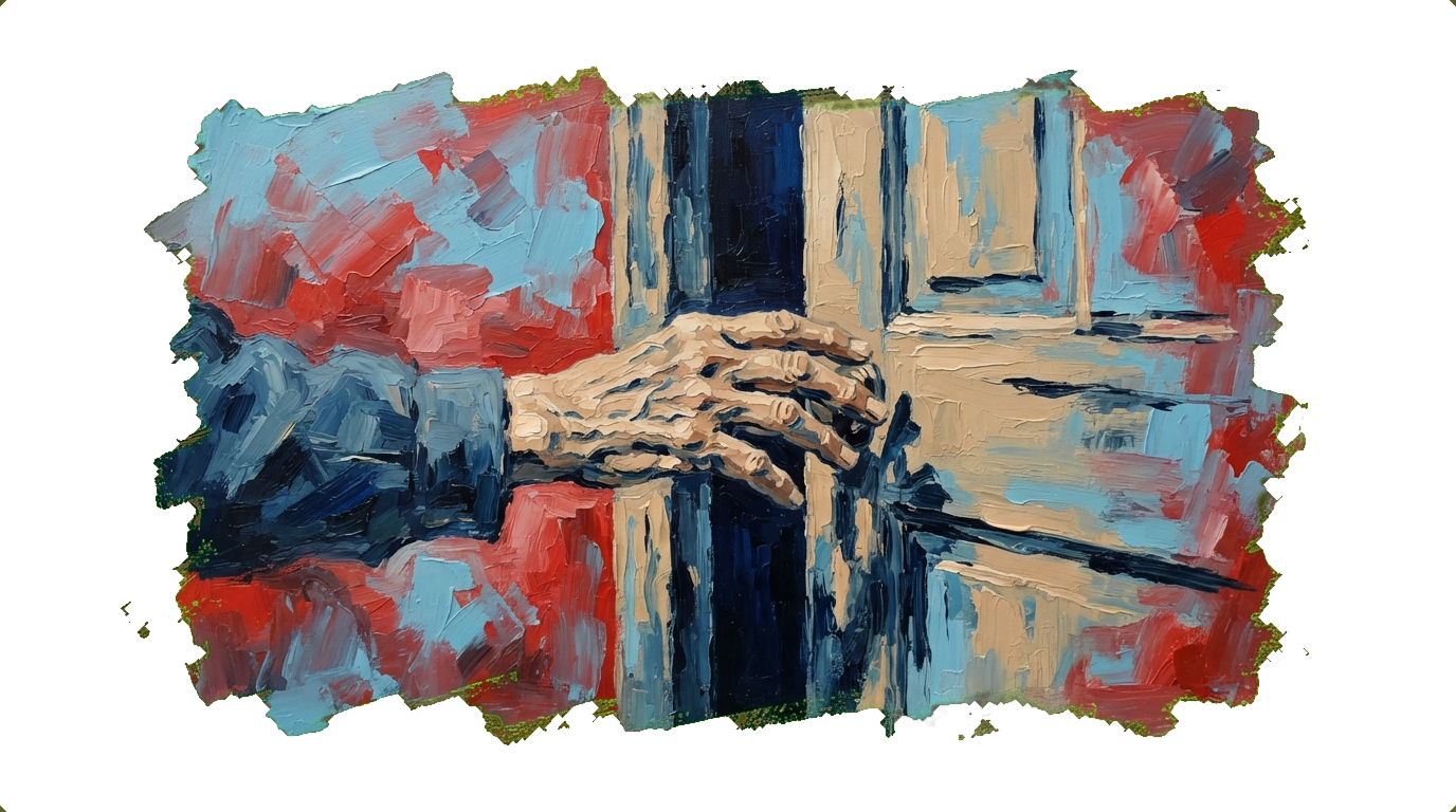 Elderly hand reaching toward a partially open door, symbolizing access and care barriers