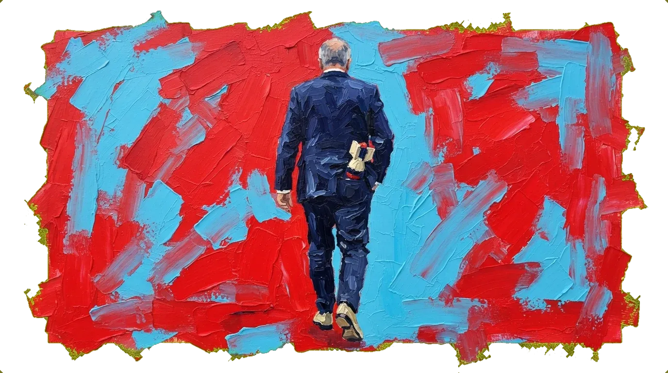 Australian Prime Minister walking away from camera with small nuclear weapon in back pocket