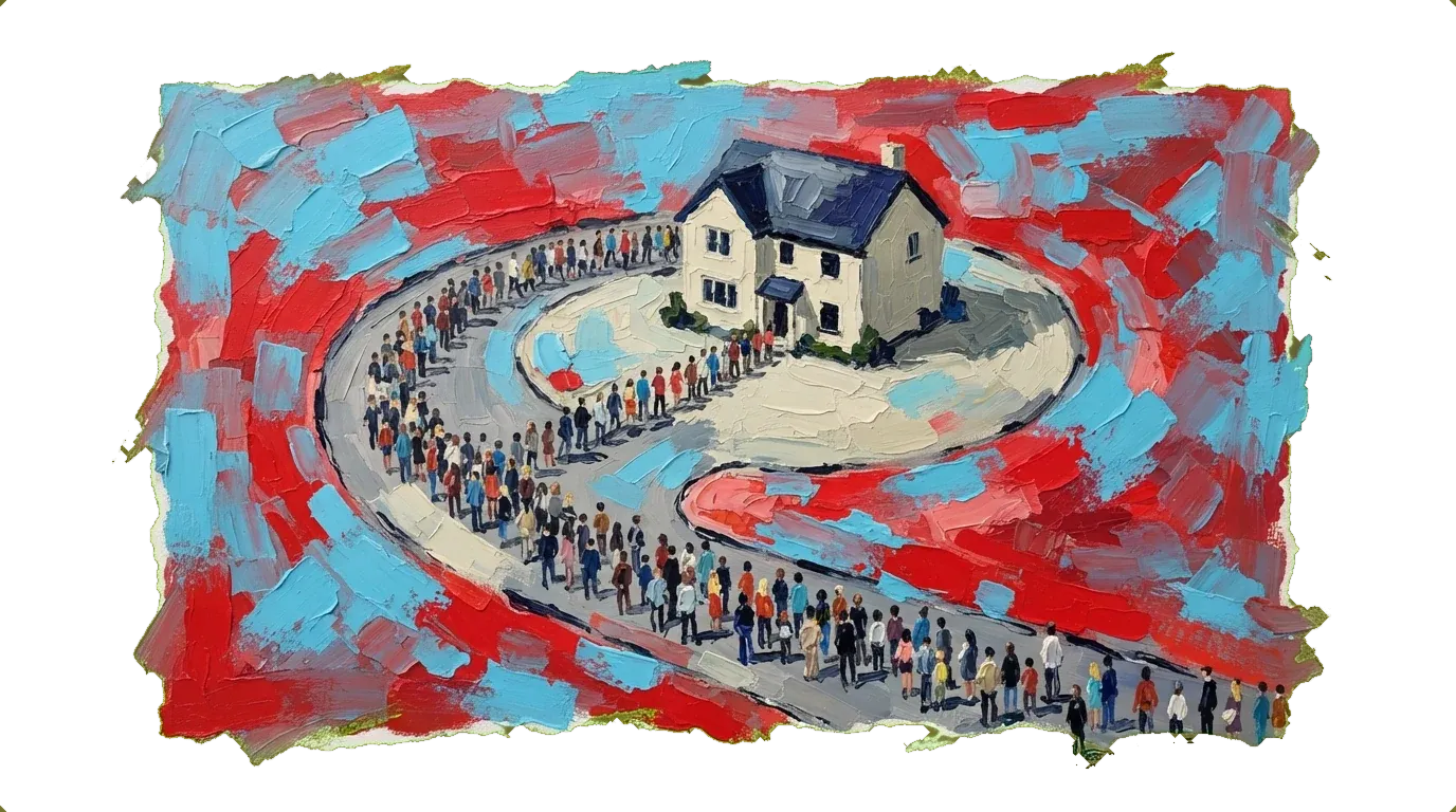Aerial view of single house for sale surrounded by large crowd of prospective buyers and families waiting in line.