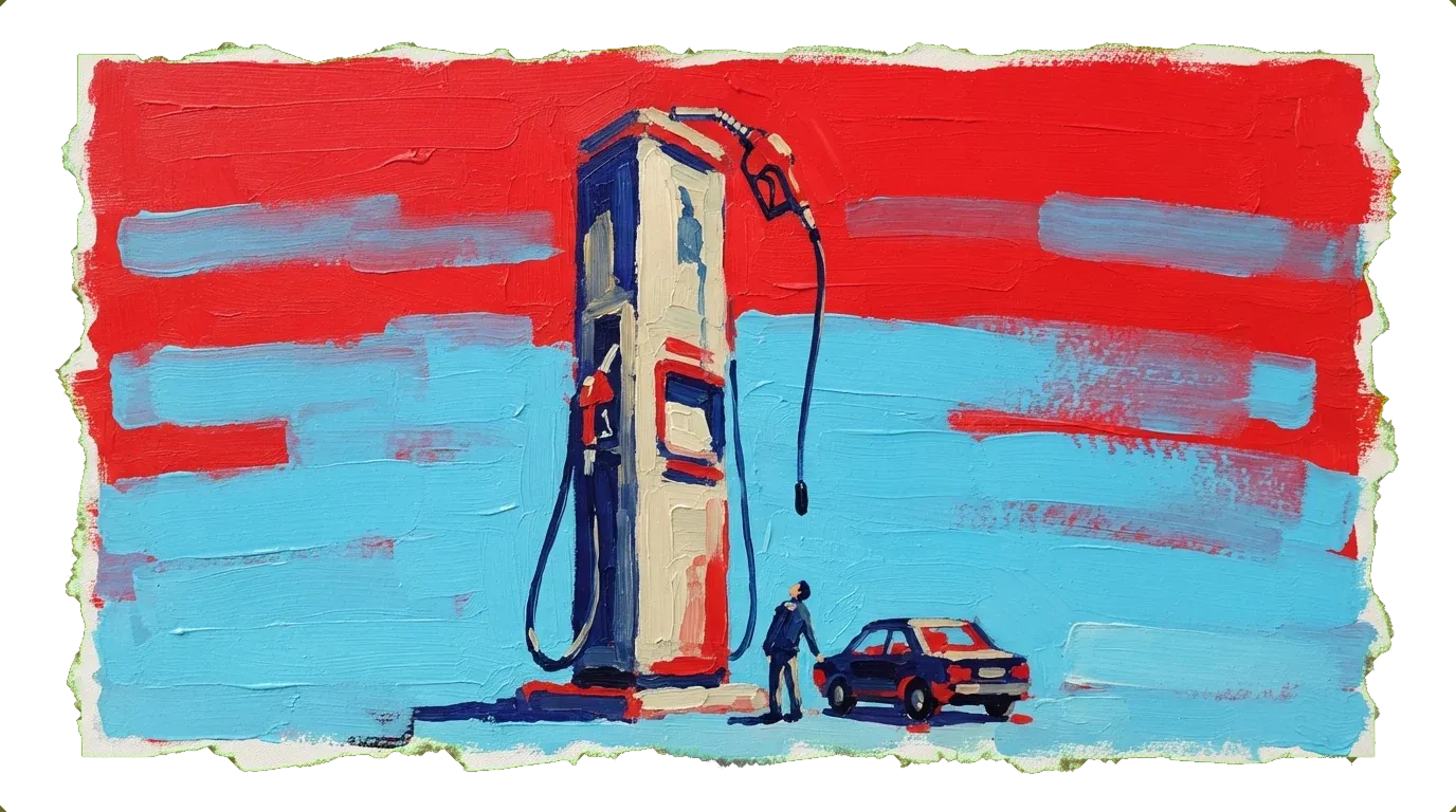 Oversized fuel pump tower looming above a car driver unable to reach the nozzle at the bowser station.