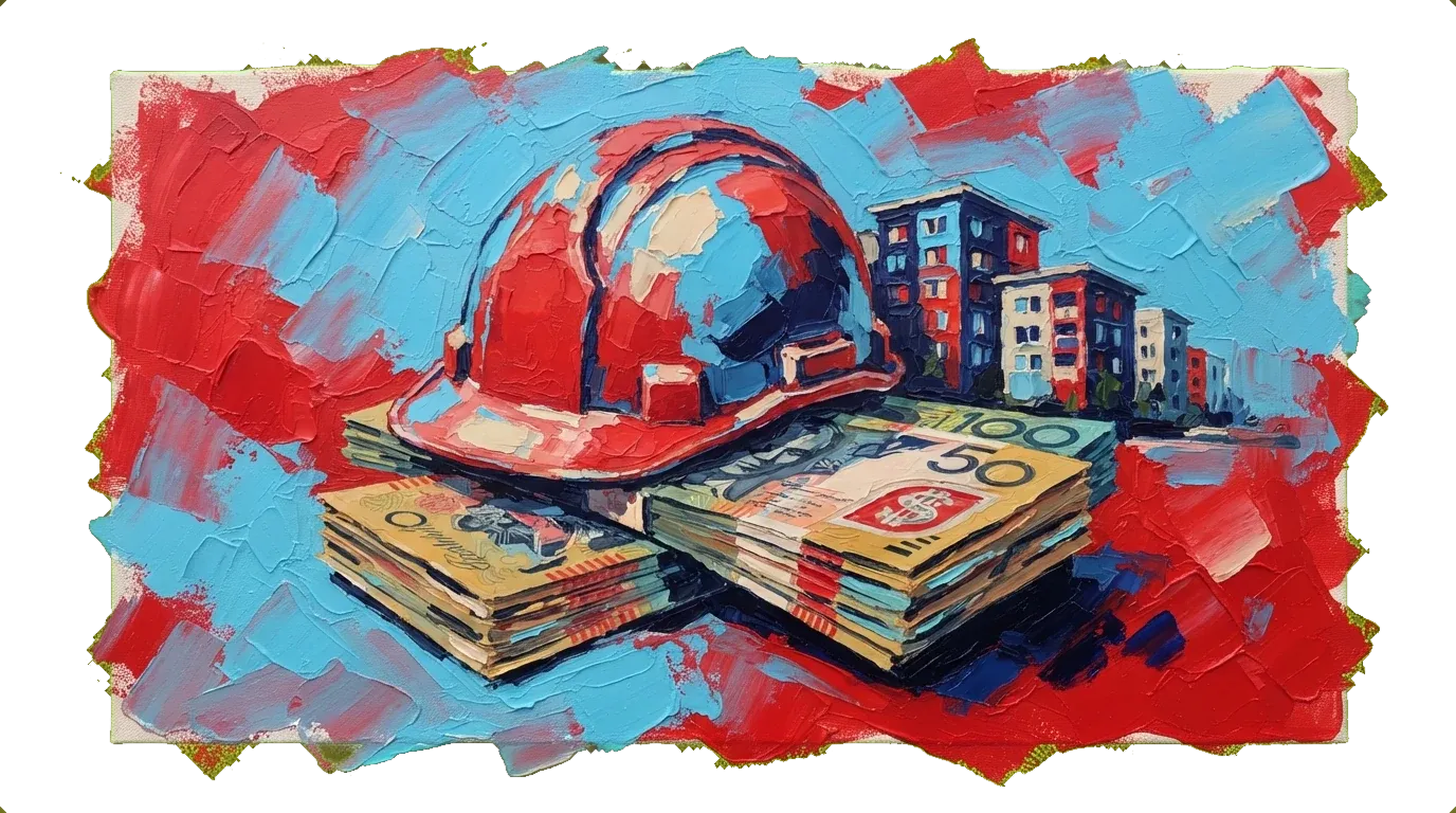 Developer's hard hat on a stack of Australian cash with apartment buildings in the background.