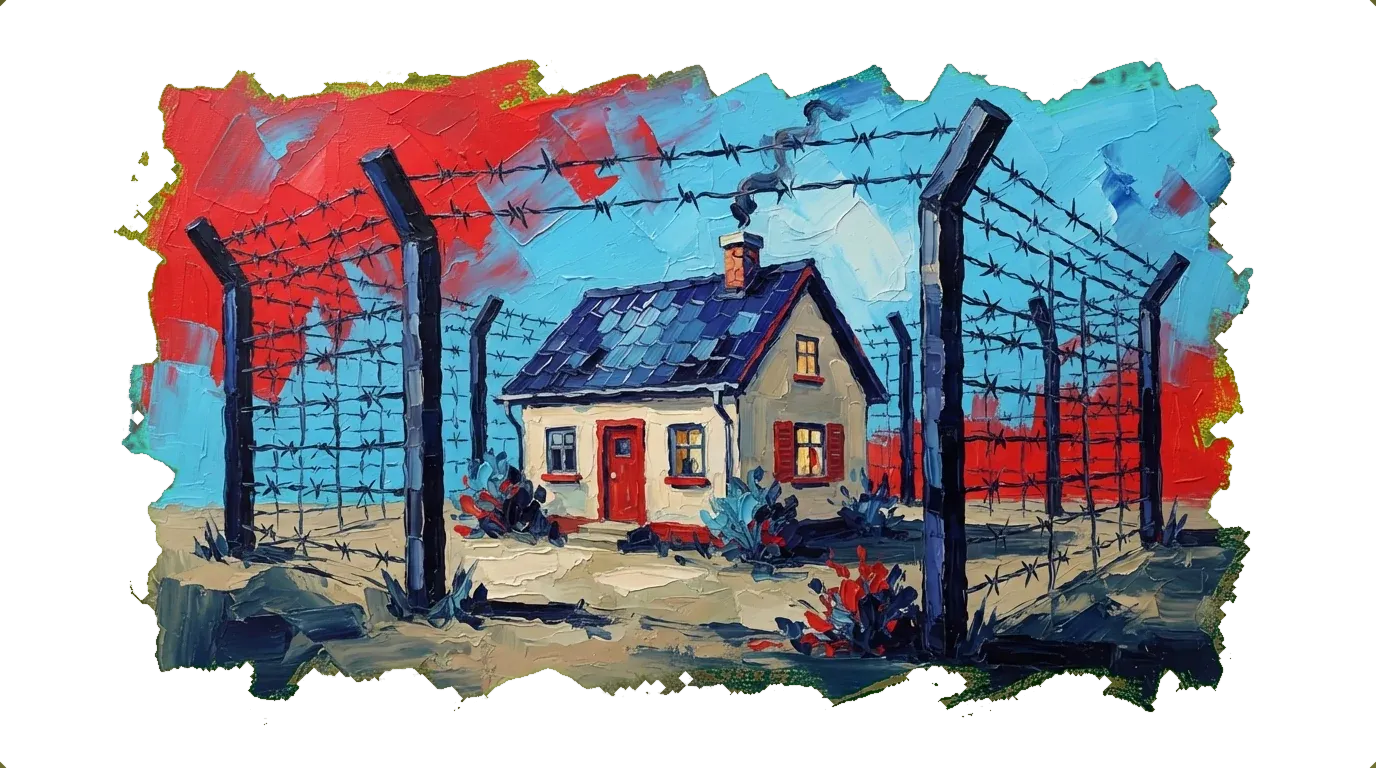 Small picturesque house enclosed by tall barbed wire fence