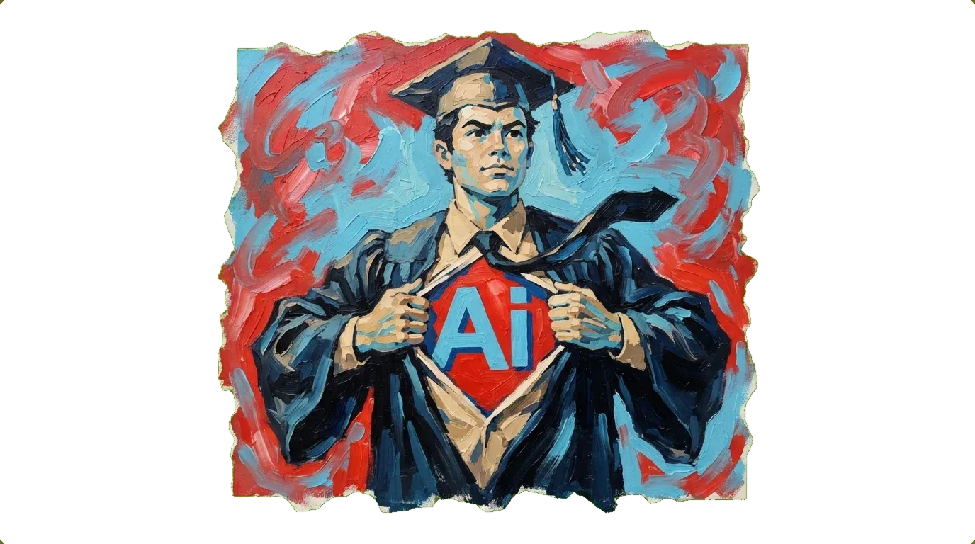 Student in academic robe revealing AI logo on chest like Superman symbol