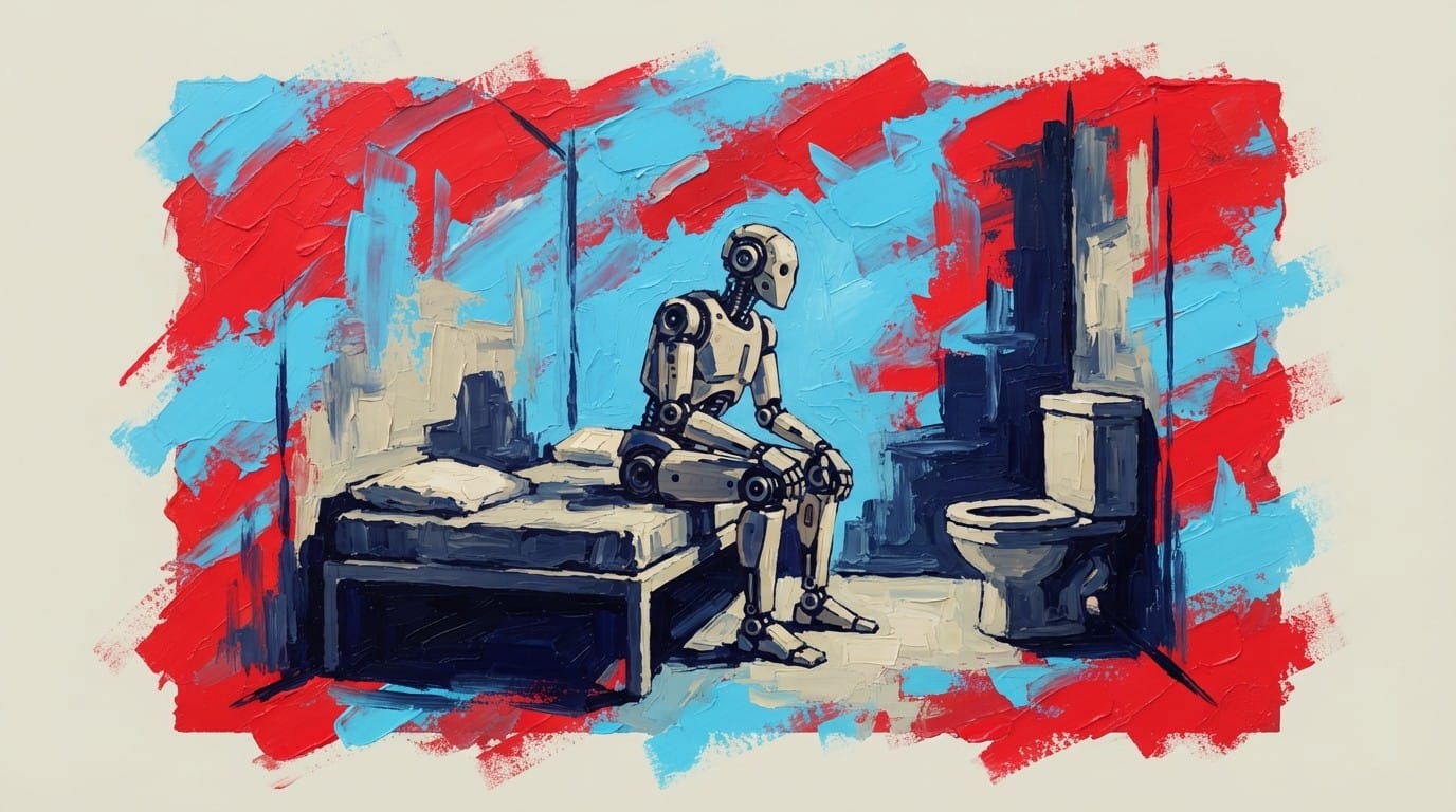 Humanoid robot sitting on prison cell bed with toilet visible in corner