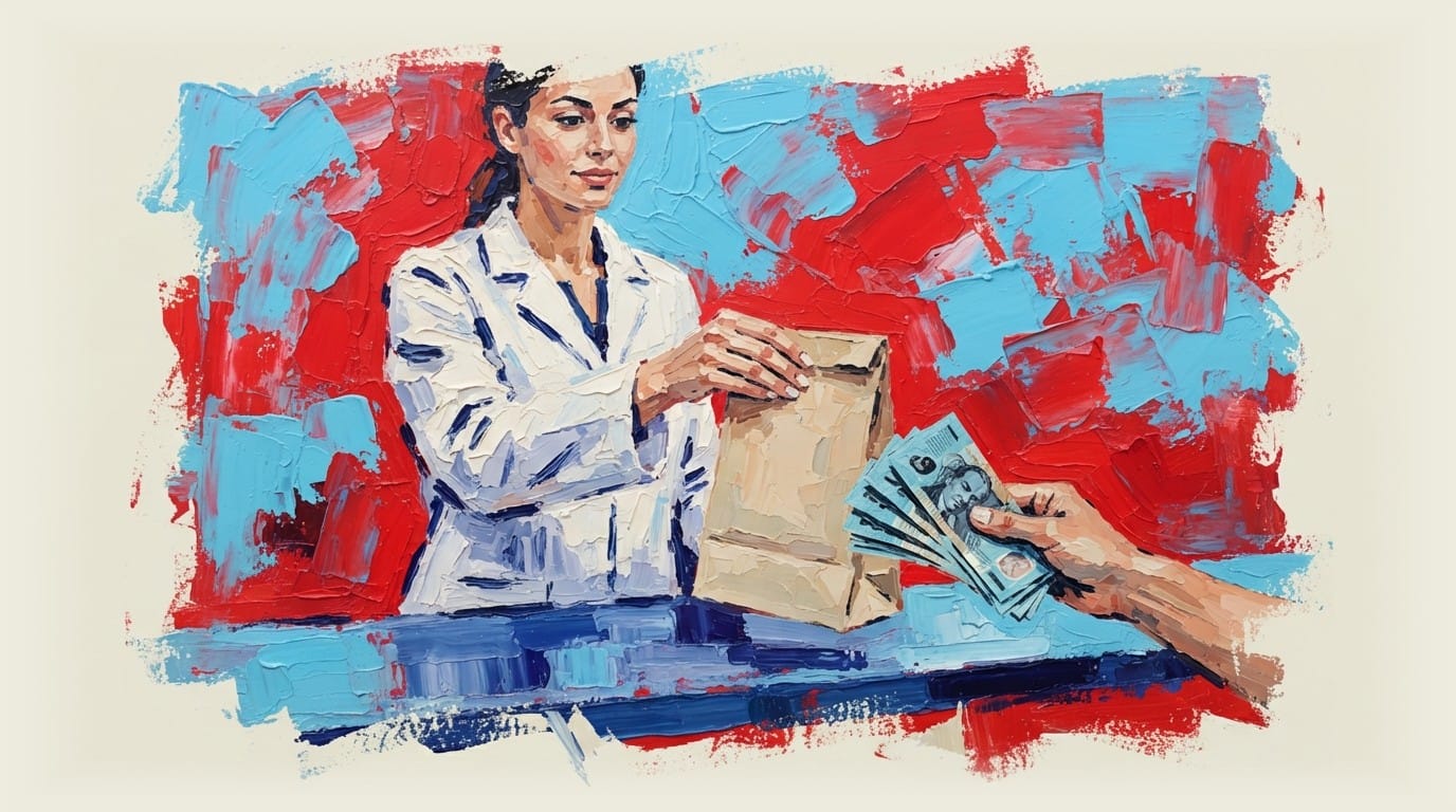 Pharmacist handing over medication bag while receiving Australian cash from customer at counter