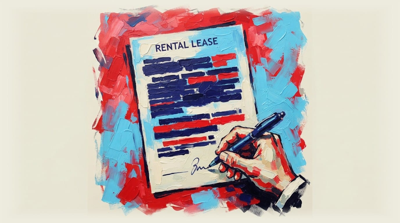 Hand signing a rental lease document with redacted sections and illegible key terms