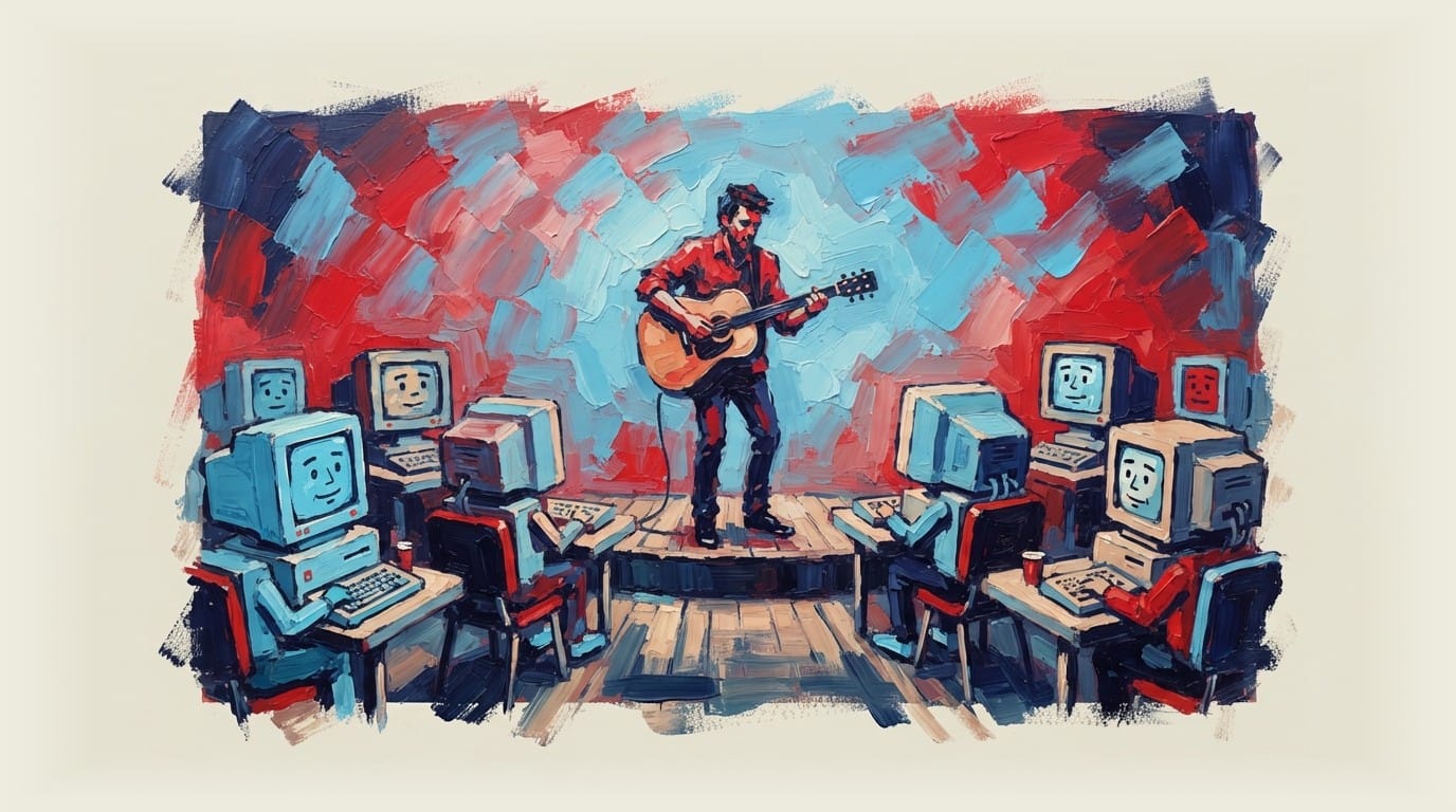 Guitarist performing on small stage in coffee shop while retro 1980s style computers watch as audience members.