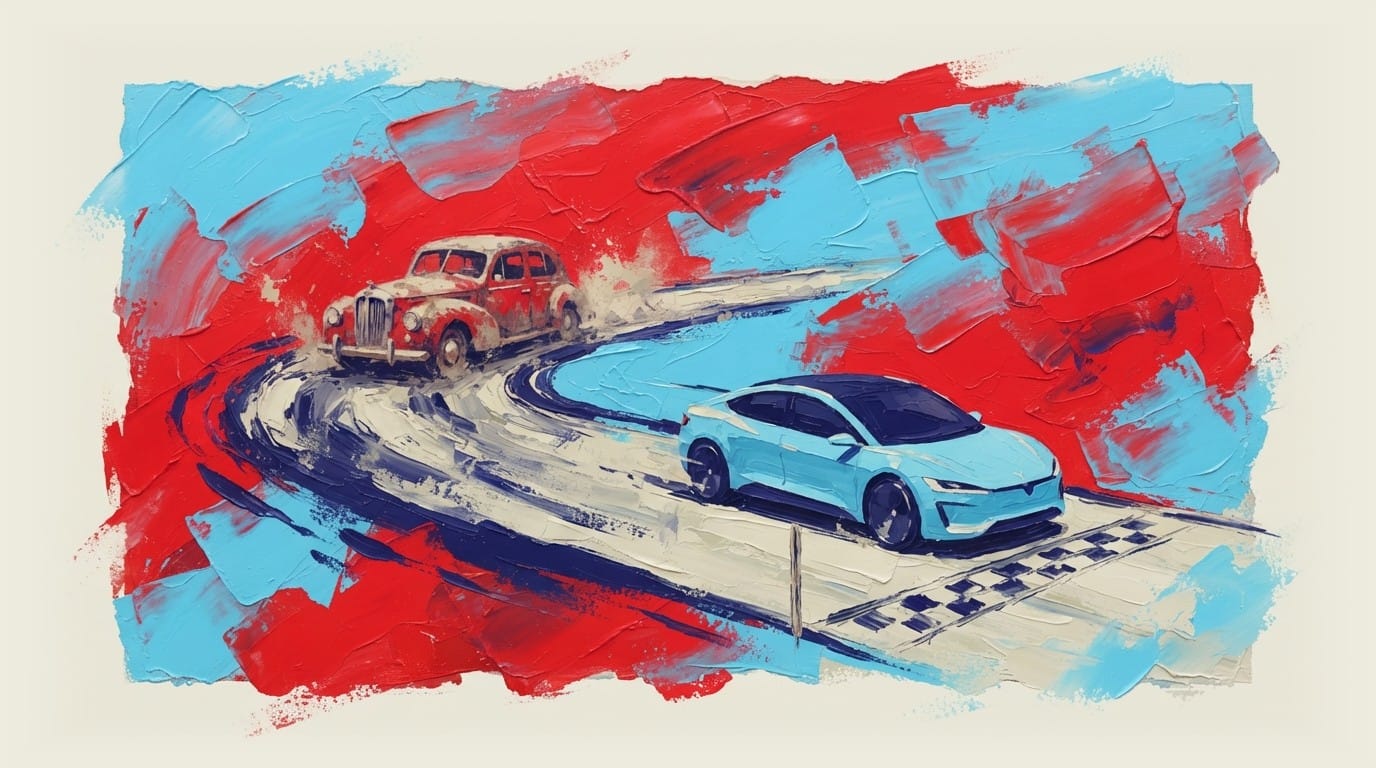 Modern electric vehicle at finish line while gasoline car abandoned and dusty on racetrack behind it.
