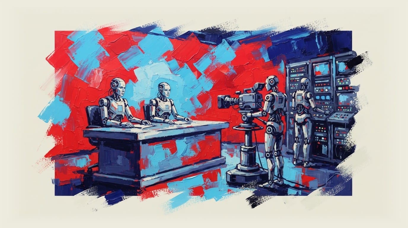 Humanoid robots working in a TV newsroom, including camera operator, producer, and two news anchors at desk