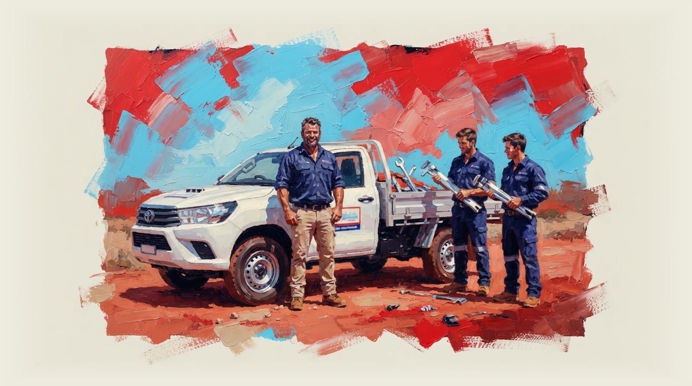 Small business owner plumber standing with two employees holding tools next to a new utility vehicle