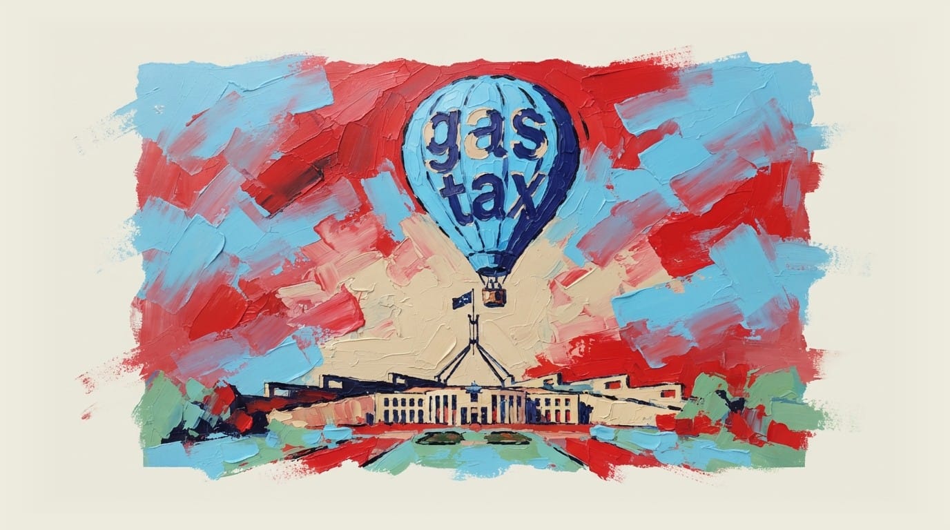 Hot air balloon labeled 'gas tax' floating above Australian Parliament House