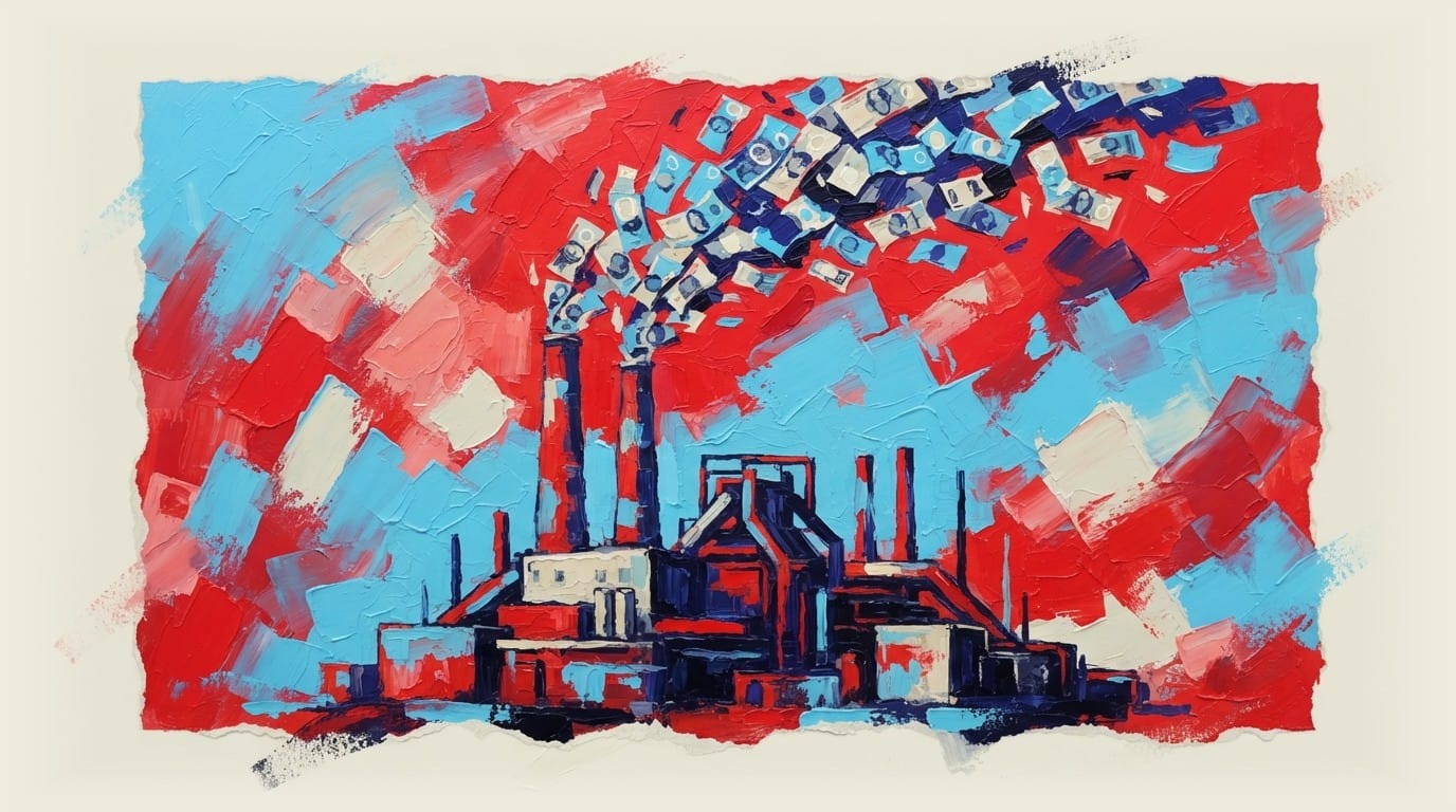 Industrial smelter with smoke stacks releasing Australian money notes instead of smoke, representing financial waste.