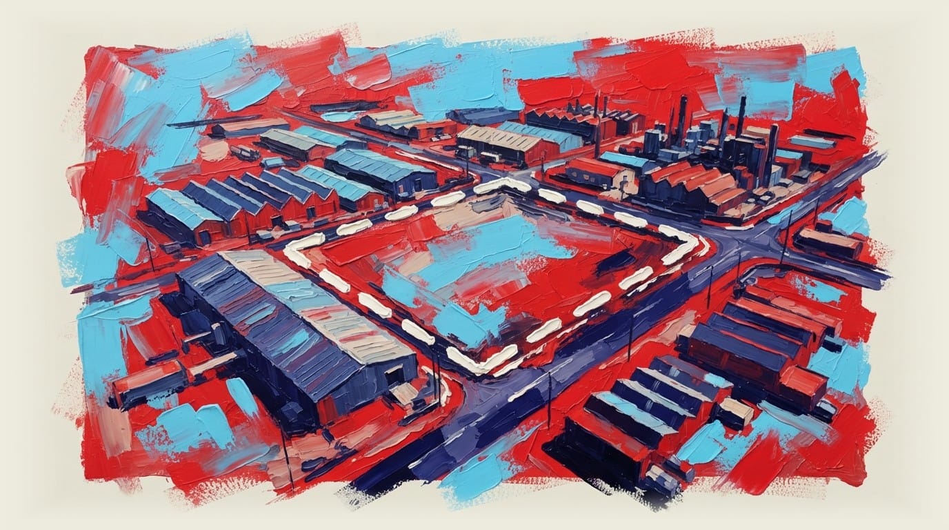Drone view of an industrial Australian suburb with outlined building footprint on ground.