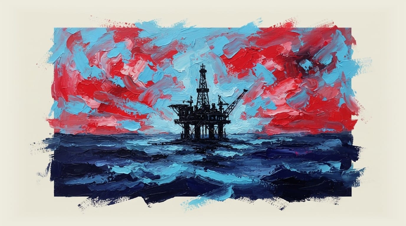 Abandoned oil platform silhouette standing isolated on a vast, empty ocean horizon.