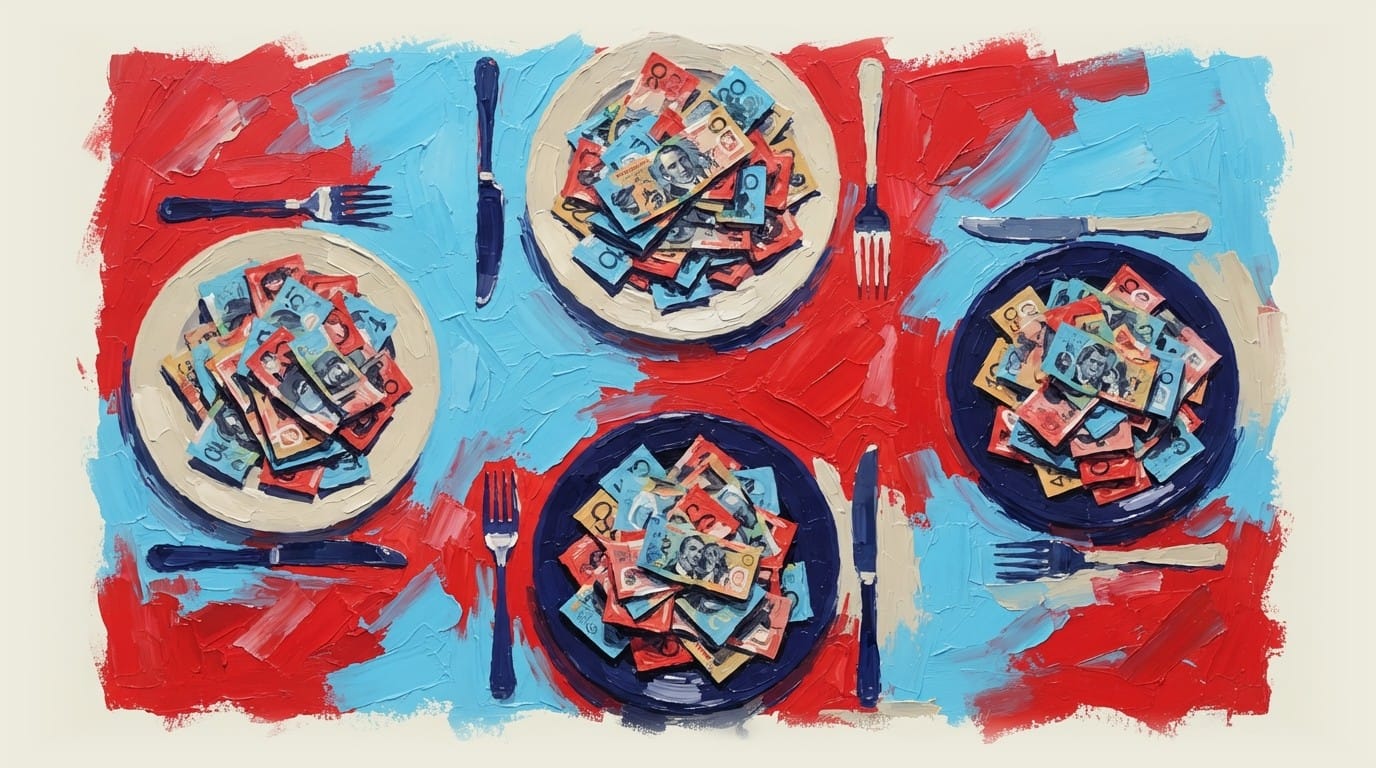 Overhead view of a dinner table with piles of Australian currency placed on each plate