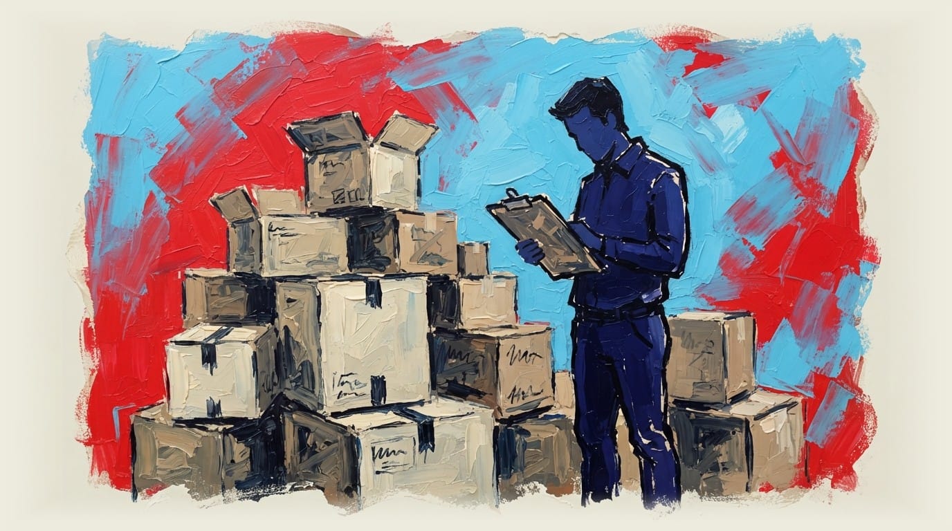 Silhouetted figure holding clipboard examining stacked unmarked boxes with puzzled expression