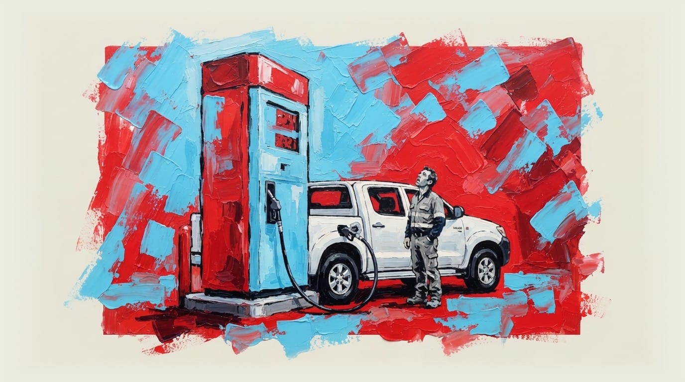 Large petrol pump with tradie in ute looking up at price display in surprise