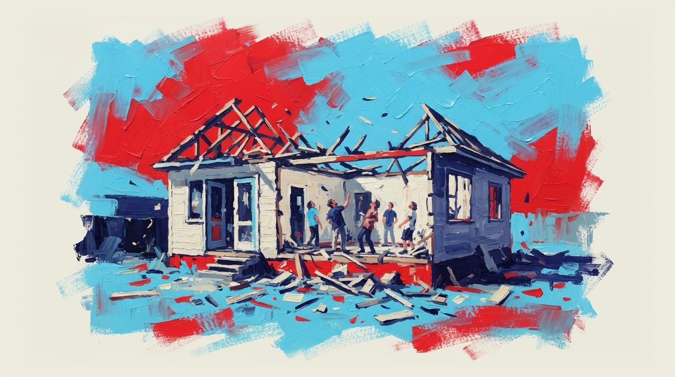 Damaged Australian house with roof and top portions of walls cut off, debris scattered in yard, residents looking upward at d
