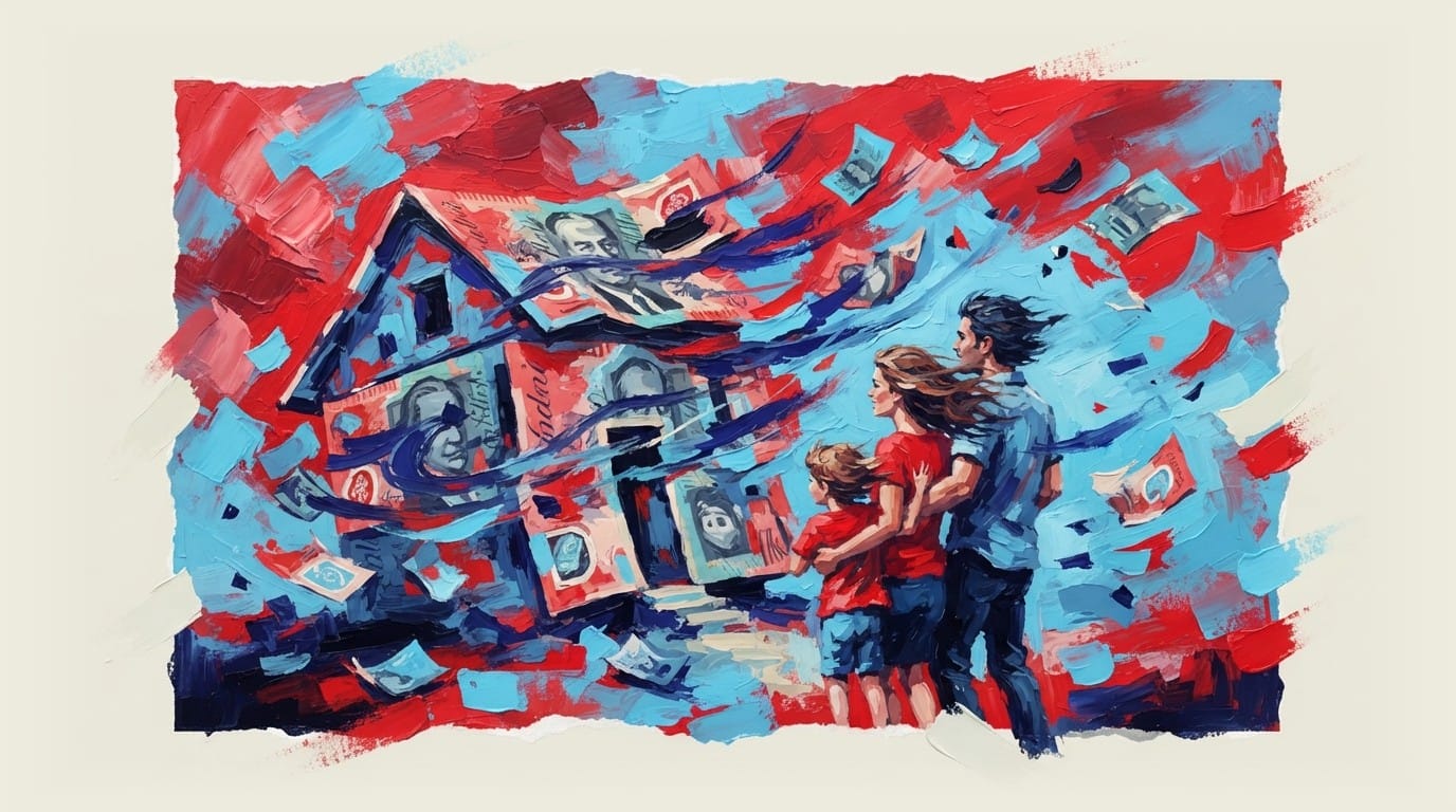 Young Australian family standing outside their house made of cash notes as wind blows it away