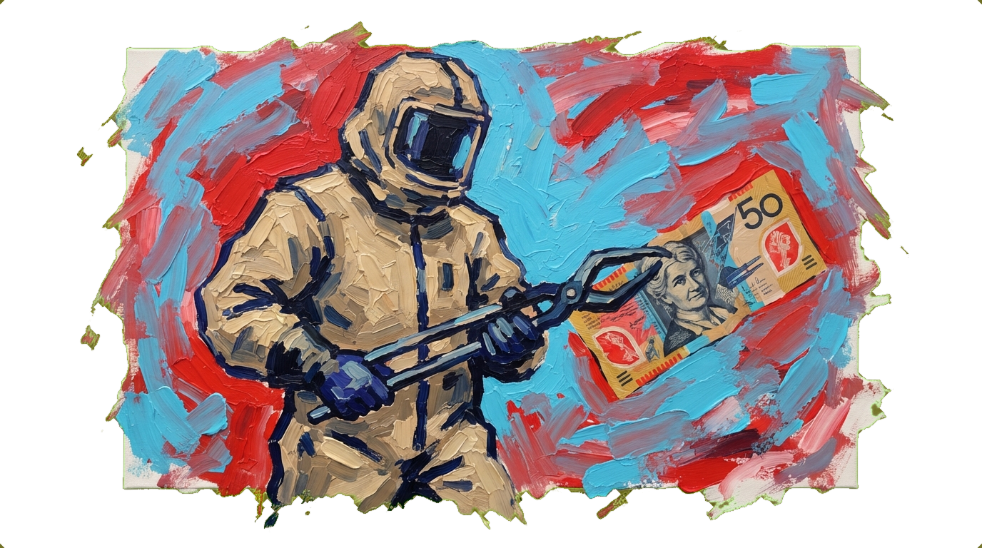 Worker in hazmat suit holding Australian $50 note with tongs, representing Australia's nuclear profit paradox.