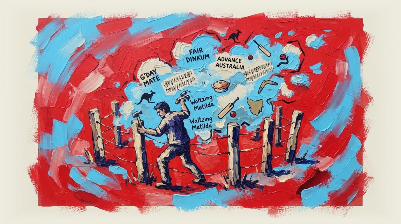 Figure trying to build a fence around a dispersing cloud containing Australian cultural elements escaping through gaps in the