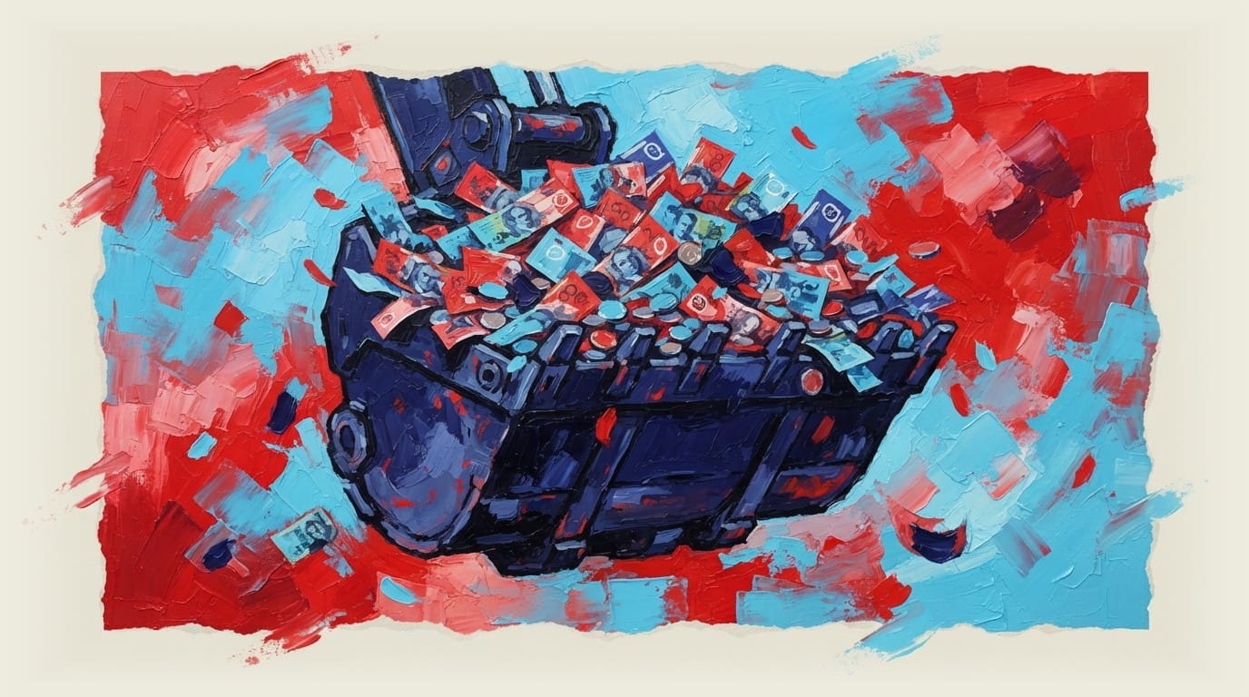 Mining excavator bucket filled with Australian dollar notes and coins