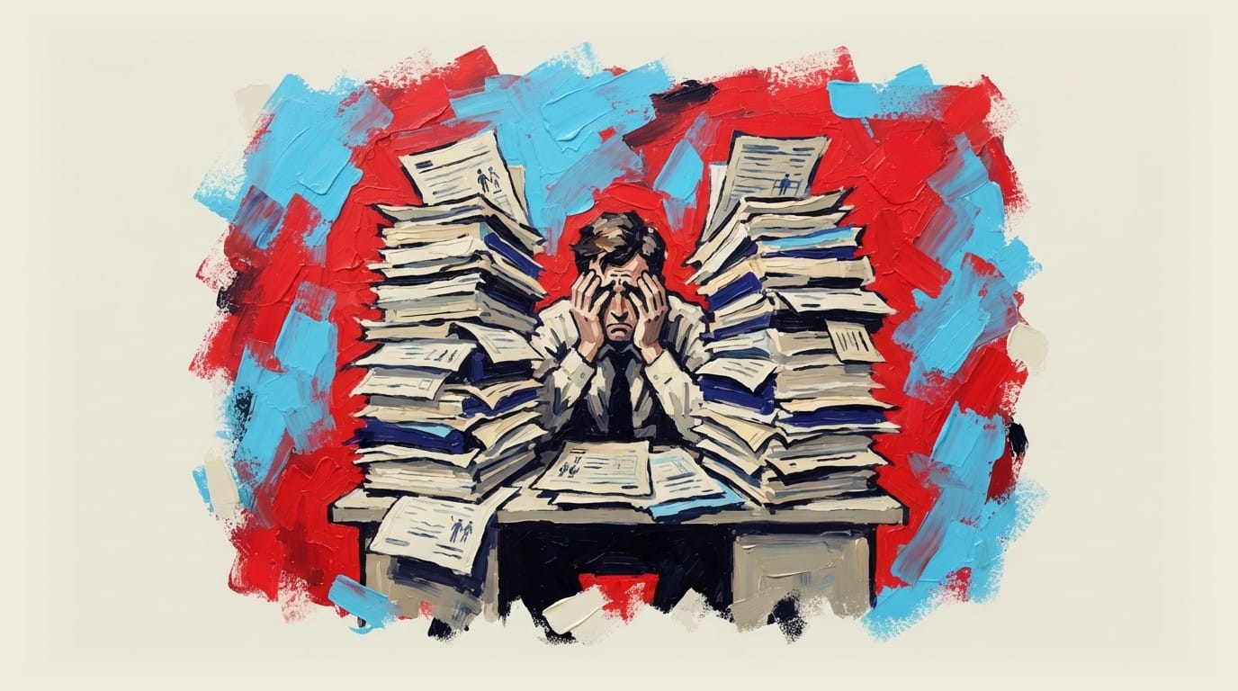 Small business owner overwhelmed by stacks of tax forms at their desk