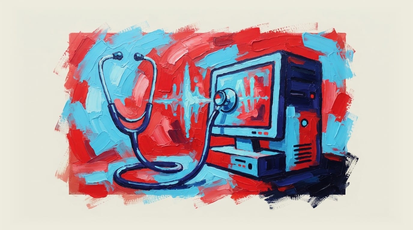 Stethoscope placed on a computer keyboard with AI symbols on screen, representing healthcare technology integration.
