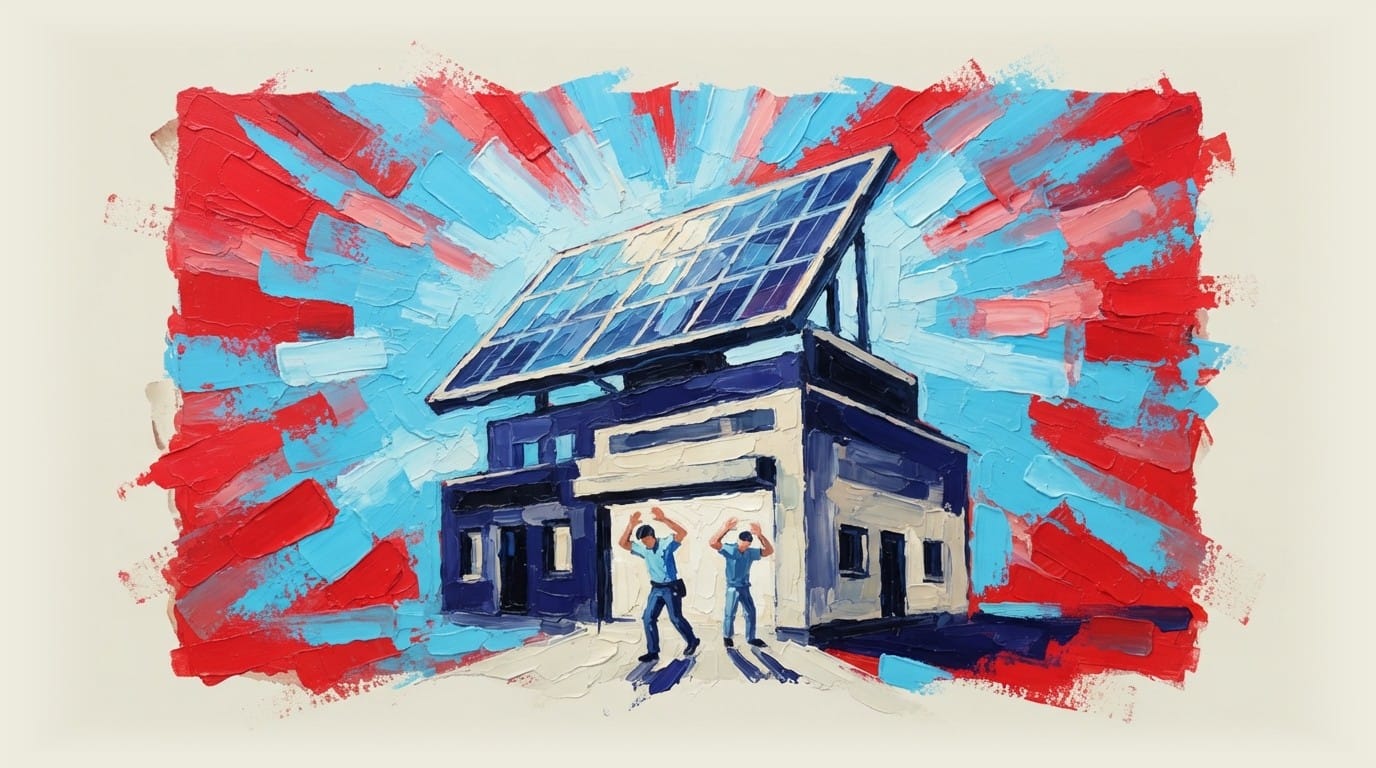 Workers shielding themselves from bright sunlight entering a building with an oversized solar panel on the roof.