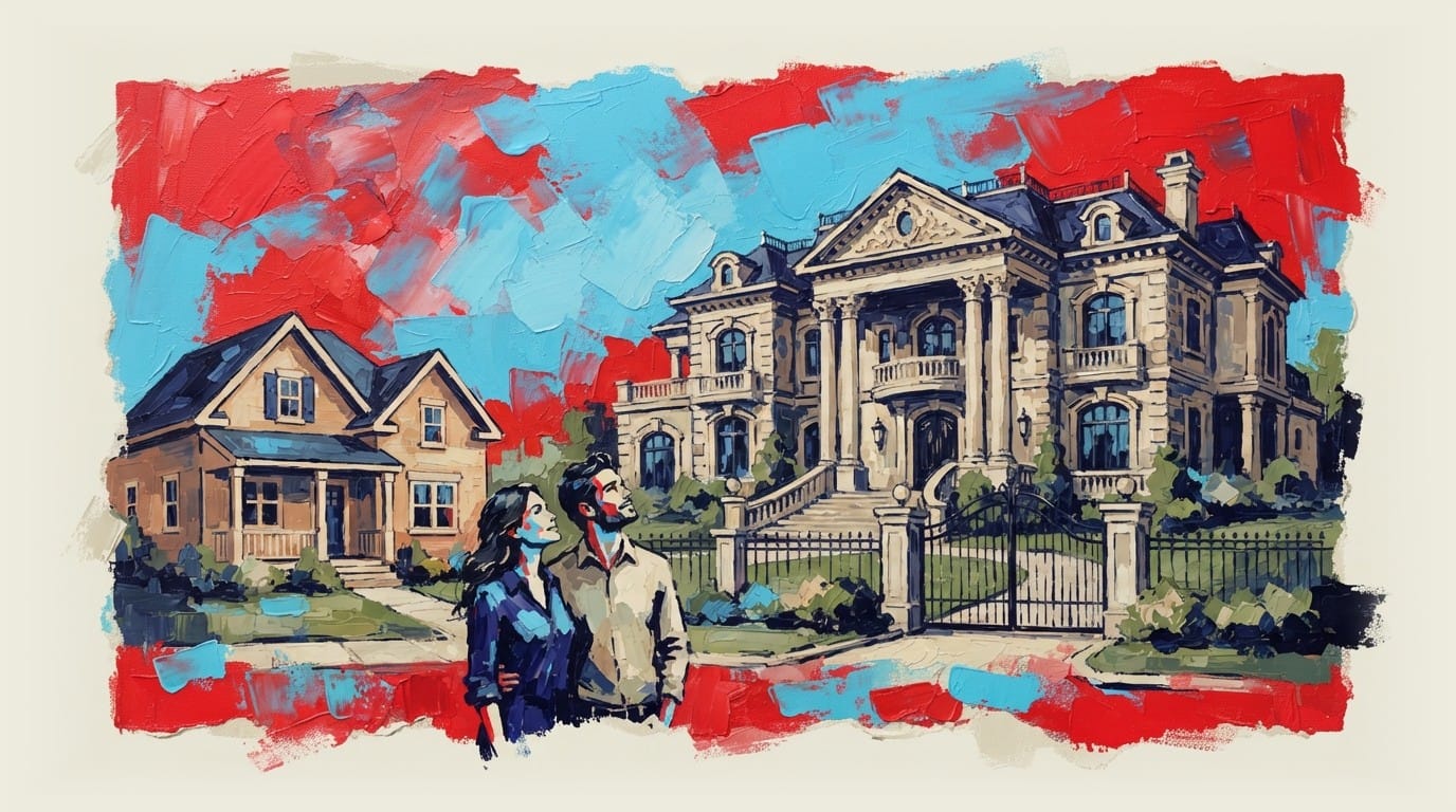 Two houses side by side: a modest suburban home next to an enormous mansion, with residents gazing toward the larger property