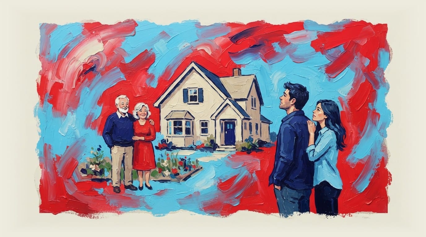 Older couple standing beside a house while younger couple watches from a distance, illustrating housing affordability gap