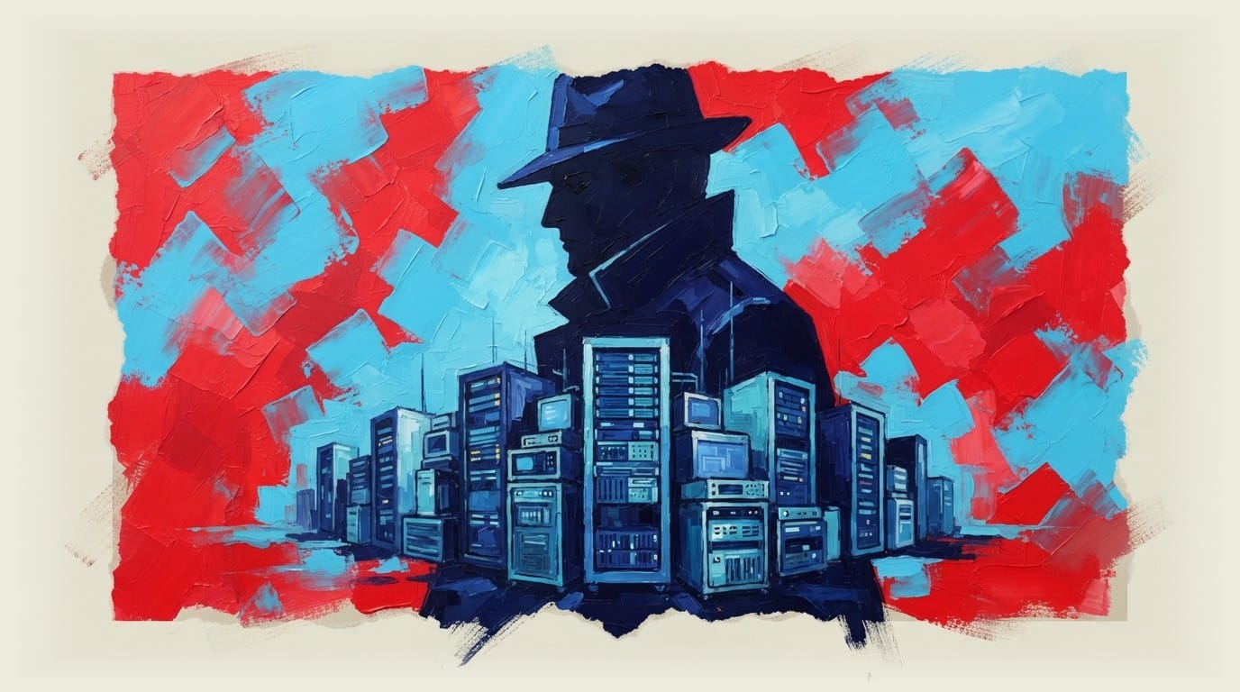 Data centre building casting a large shadow of a government official's silhouette across it.