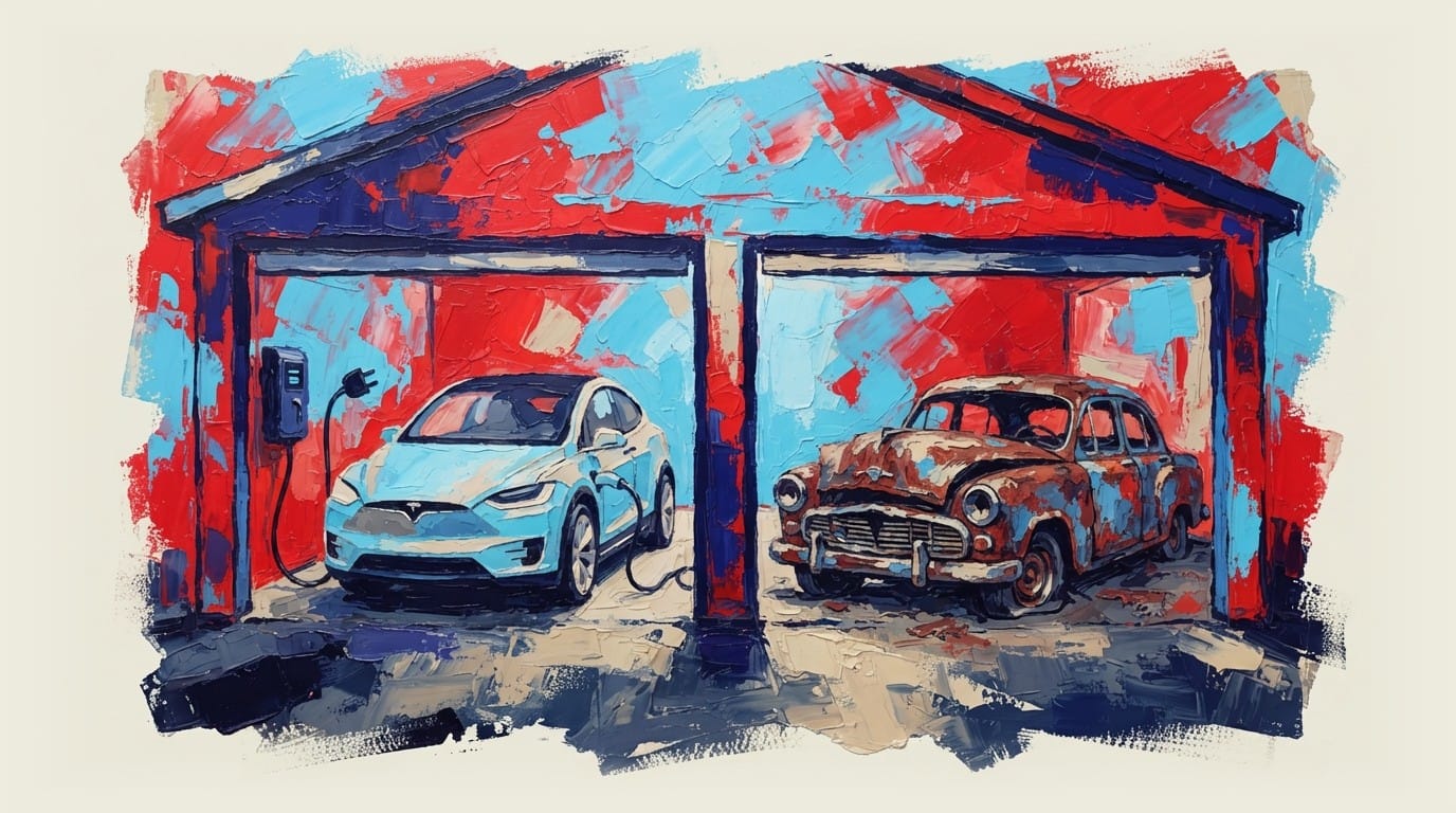 Electric vehicle charging in garage next to old rusted car